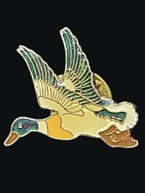 Vintage Flying Mallard Duck Enamel Pin - Green and Yellow Duck